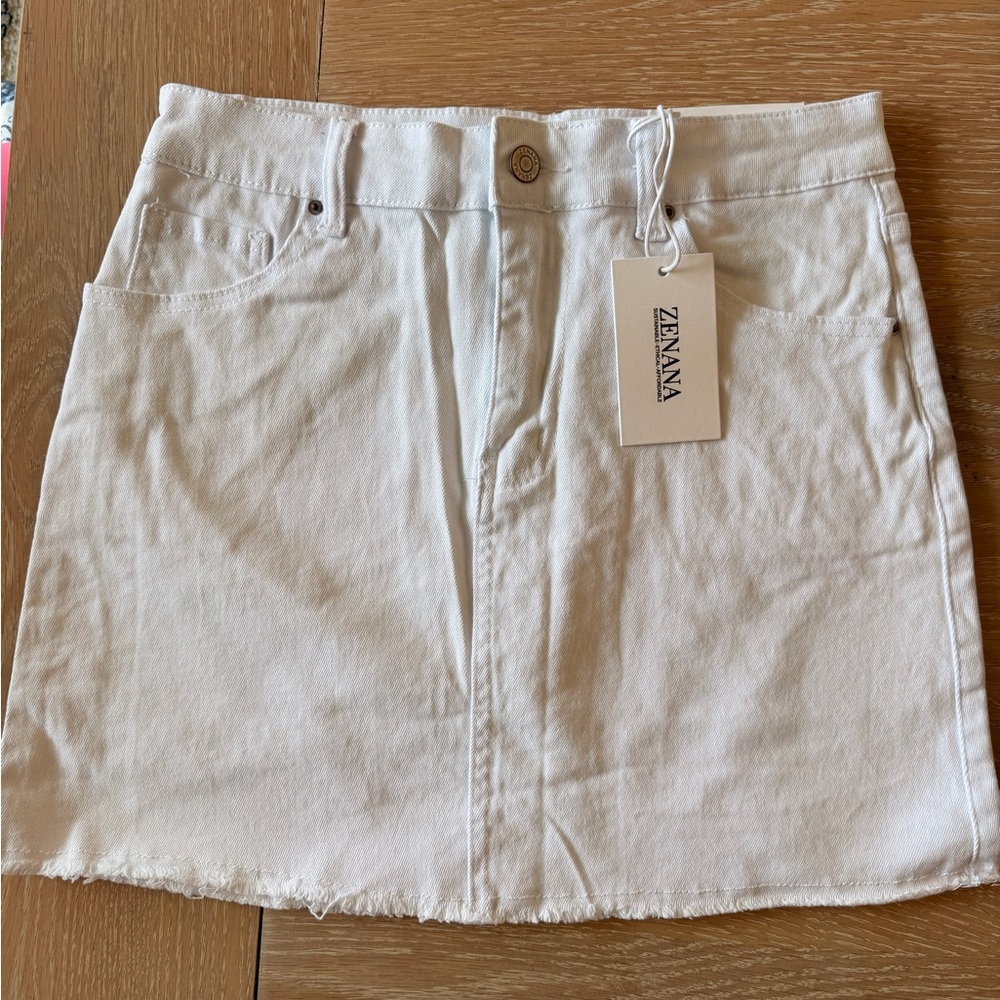 Zenana White Denim Mini Skirt with Frayed Hem